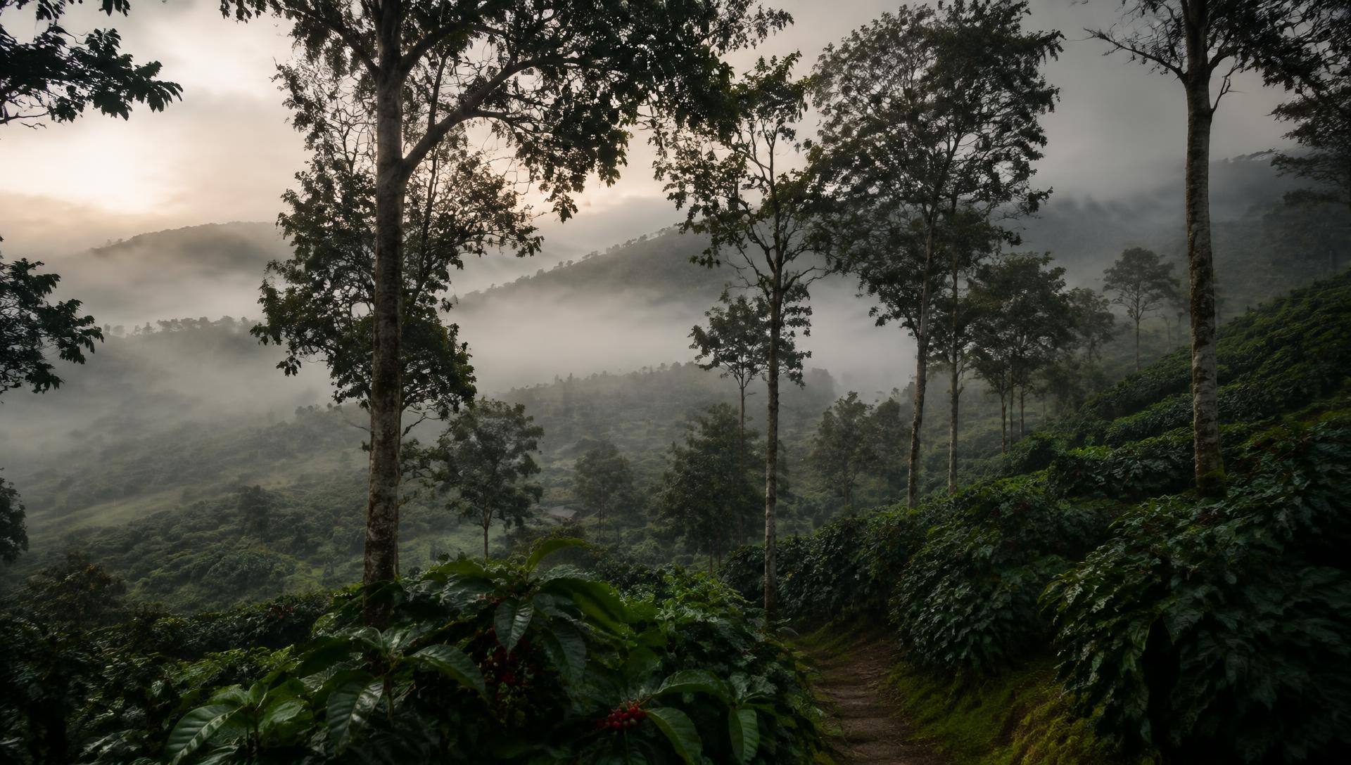 Misty shade-grown coffee estate in monsoon rain